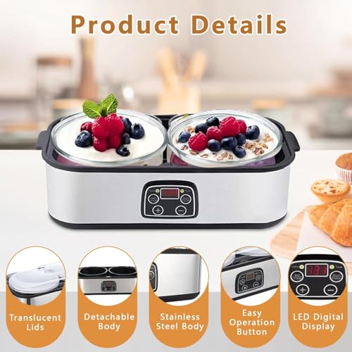 2L Probiotic Yogurt Maker with Two 1L Glass Containers for Larger Batches Yogurt Maker with Adjustable Time & Temp Control Probiotics Stainless Steel Yogurt Making Machine for Homemade Yogurt Dessert