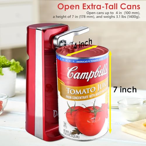Davivy Electric Can Opener - One-Touch Hands-Free Operation, Removable Stainless Steel Cutter, 3-in-1 Design with Knife Sharpener & Bottle Opener (Red)