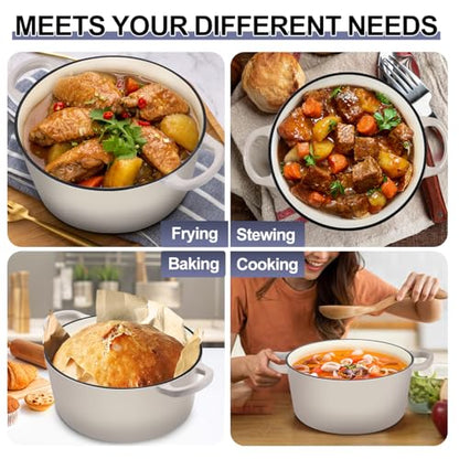 TeamFar Dutch Oven, 6QT Enameled Cast Iron Dutch Oven Cooking Pot with Lid & Dual Handles, for Bread Baking Braising Stewing, Heavy Duty & Non Stick, Oven & All Stovetops Safe - Khaki