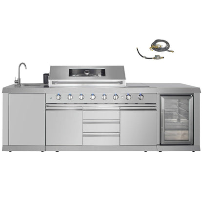 CT Copper Tailor 6-Burner Outdoor Kitchen BBQ Gas Grill Island with Infrared Rear Burner,Side Burner,Storage Cabinets & Drawers,Sink,Cooler,Stainless Steel (with Natural Gas Kit)