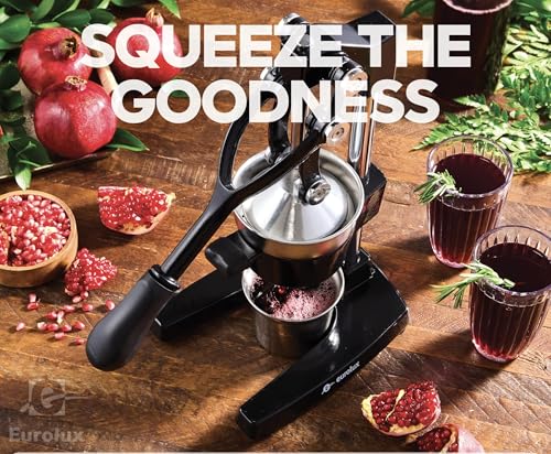 Eurolux Ultra-Premium Cast Iron Juicer | Extra-Large, Heavy Duty, Commercial Grade, Stainless Steel Manual Hand Press Citrus Squeezer For Fresh Orange Juice, Pomegranate, Lemon, and Much More (Black)