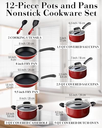 Cook N Home Pots and Pans Nonstick Cookware Set 12-Piece, Kitchen Cooking Set with Frying Pans and Saucepans, Induction Compatible, Marble Red