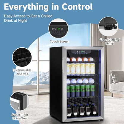 Erivess Beverage Refrigerator and Cooler, 110 Can/3.1 Cu Ft Mini Fridge with Glass Door, Adjustable Shelves for Soda,Bee,Wine, Free Standing Small Refrigerator, Digital Display, for Home, Bar, Office