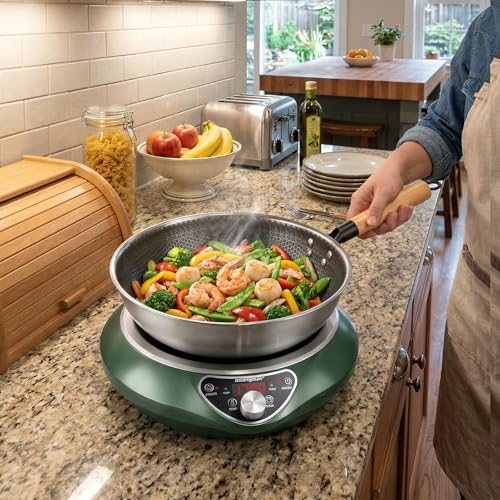 ABngdun Concave Induction Wok Cooktop, 1700W 120V Portable Induction Burner Electric Hot Plate (Cooktop with Stainless Steel Wok)