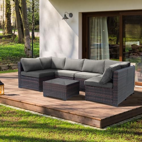 Decksplore 7 Piece Outdoor Patio Furniture Set, Rattan Weather-Resistant Outdoor Conversation Set, Outside Furniture Sectional Sofa Set with 4.3" Anti-Slip Cushions, Glass Table & Rain Cover, Gray