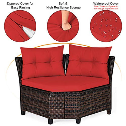 Tangkula 4-Piece C Shape Patio Furniture Set, Outdoor Corner Wicker Rattan Sectional Cushioned Sofa Set, with Glass Coffee Table, for Garden Poolside Balcony (Red)