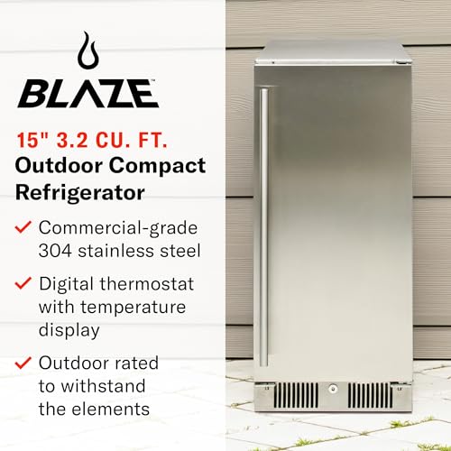 Blaze 15-Inch Outdoor Rated Compact Refrigerator | 3.2 Cu. Ft. Stainless Steel Fridge with Reversible Door & Adjustable Shelves | UL Certified for Outdoor Use | BLZ-SSRF-15