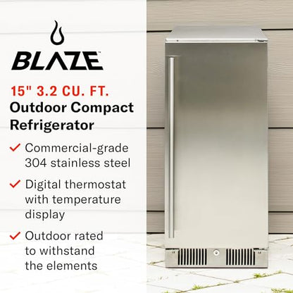 Blaze 15-Inch Outdoor Rated Compact Refrigerator | 3.2 Cu. Ft. Stainless Steel Fridge with Reversible Door & Adjustable Shelves | UL Certified for Outdoor Use | BLZ-SSRF-15