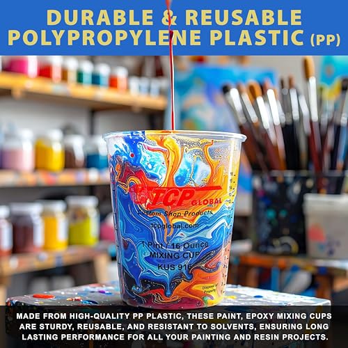 Custom Shop Paint Mixing Cups, 16-Ounce (Box of 36) - Plastic Measuring Cups for Liquids, Automotive Painting, Epoxy Resin, Acrylic Arts, Crafts, Disposable or Reusable, Graduated, Mixing Ratios