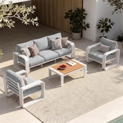 Oasbira Oversized Aluminum Outdoor Furniture Set, Extra Large Patio Furniture Sofa Set 4.8” Widened Armrest & Ultra-Thick Cushions, 4 Pcs Modern Patio Sectional for Backyard, Porch, White