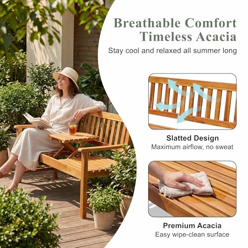 Devoko Outdoor Bench, 2-Person Garden Bench, Patio Wood Bench Outdoor Loveseat with Pull-Out Center Table for Backyard, Balcony and Patio and Garden (Log Color)