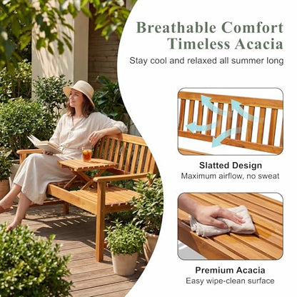 Devoko Outdoor Bench, 2-Person Garden Bench, Patio Wood Bench Outdoor Loveseat with Pull-Out Center Table for Backyard, Balcony and Patio and Garden (Log Color)