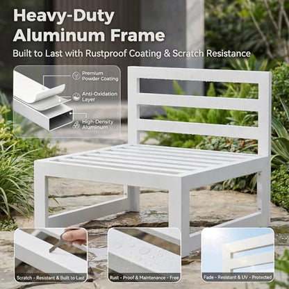 NICESOUL 7 Piece White Powder-Coated Aluminum Patio Furniture with Fire Pit Table, 29 Inch Extra Wide Outdoor Sectional Sofa for 6, High-End Heavy Duty L-Shaped Large Couch for Backyard, Light Gray