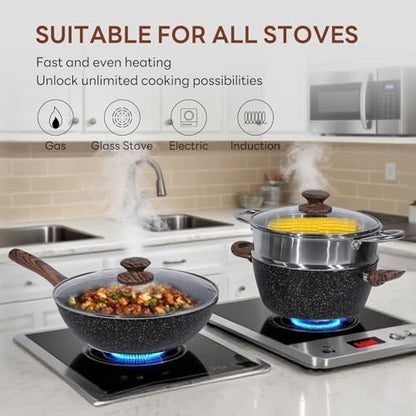 NEWBULIG 17-Piece Pots and Pans Set, Nonstick Cookware Set with Detachable Stay-Cool Handle, Non toxic Induction Kitchen Cooking Set, Dishwasher ＆ Oven Safe, RV Friendly, Black