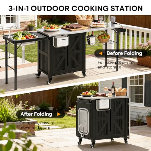 evixor Grill Cart with Foldable Sink, Outdoor Storage Cabinet, Outdoor Grill Cart with Wheels, Kitchen Island with Folding Trash Can for Barbecue, Backyard, Garden & Outdoor Kitchen