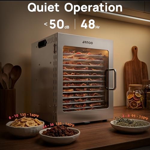 ARINOO Food Dehydrator Machine with 12 Stainless Steel Trays, 48H Timer