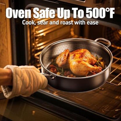 KURRUNGIE 5 Qt Sauté Pan with Lid, 10-inch 5 Ply Stainless Steel Sauce Pan with Lid, Non Stick Frying Pans, Cooking Pot Deep Frying Pan Non-Toxic, For Induction, Oven, Dishwasher Safe
