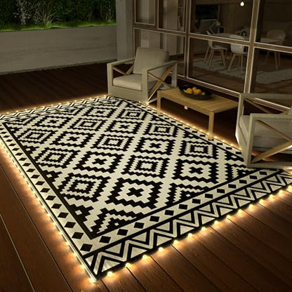 HAUSHOF 5'X8' Outdoor Rug Waterproof with LED Strip Light, Reversible Outdoor Plastic Straw Rug, Patio Rug with 4 Rug Stakes, Outdoor Carpet Mat for RV, Camping, Beach, Porch, Balcony, Black&White