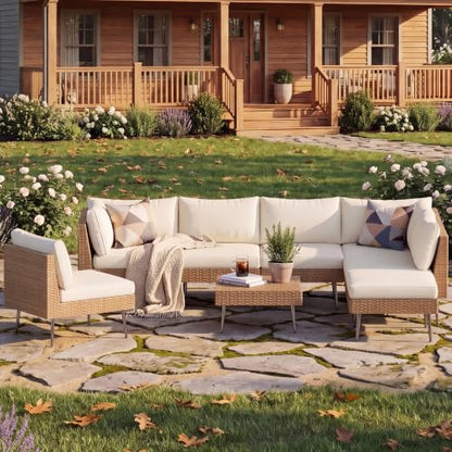 Rotihom 8-Piece Tight Weave Outdoor Patio Sectional, Luxe Outdoor Sofa with Premium Polyester & Ergonomic Design, All-Weather Patio Furniture Set for Backyard, Garden, Poolside (Beige)