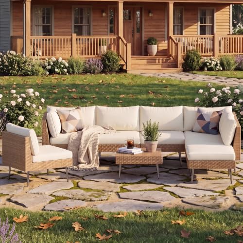 Rotihom 8-Piece Tight Weave Outdoor Patio Sectional, Luxe Outdoor Sofa with Premium Polyester & Ergonomic Design, All-Weather Patio Furniture Set for Backyard, Garden, Poolside (Beige)