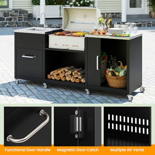Happygrill 80” Outdoor Grill Table with Sink & Drainage, Heavy Duty Metal Grill Cart w/Cabinet & Removable Stainless Steel Top, Portable Prep Cooking Table w/Wheels for BBQ, Patio, Camping & Backyard