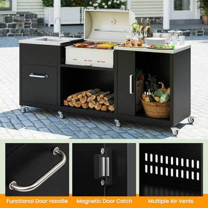 Happygrill 80” Outdoor Grill Table with Sink & Drainage, Heavy Duty Metal Grill Cart w/Cabinet & Removable Stainless Steel Top, Portable Prep Cooking Table w/Wheels for BBQ, Patio, Camping & Backyard