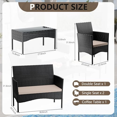 RTDTD 4 Pieces Patio Furniture Set Outdoor Conversation Set Rattan Furniture Set Wicker Chairs and Sofa with Glass Table for Porch Pool Backyard Garden Sand