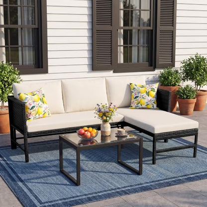 HOMEZILLIONS 3 Pieces Wicker L-Shaped Outdoor Sectional – Patio Couch Set with Tempered Glass Table, Small Rattan Loveseat for Balcony, Deck, Porch, Weatherproof & Easy Clean