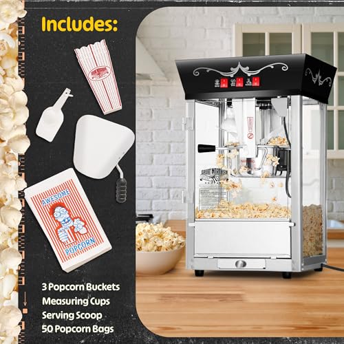 Matinee Popcorn Machine - 8oz Popper with Stainless-Steel Kettle, Reject Kernel Tray, Warming Light, and Accessories by Great Northern Popcorn (Black)