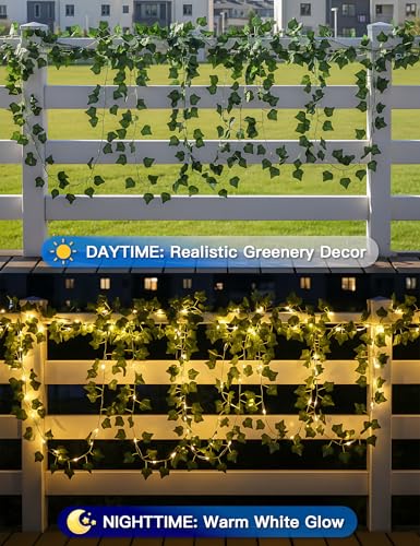 suddus Solar Ivy String Lights Outdoor Waterproof, 33Ft 100 LED Fake Vines with Lights, Artificial Greenery Leaf Fairy Light for Privacy Fence, Wall, Patio, Garden, Balcony Decor (Warm White)
