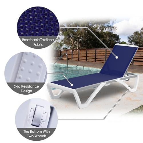 Kozyard Outdoor Chaise Lounge Chair, Full Flat Adjustable Patio Lounger with Aluminum Frame & Resin Legs, Textilene Fabric for Poolside, Backyard & Beach (NavyBlue, 2Chairs with Table)