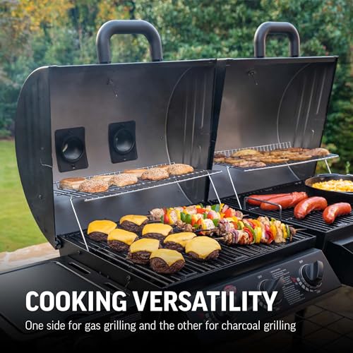 Char-Griller® Texas Trio 3-Burner Gas & Charcoal Grill and Smoker, Push Button to Ignite, Dual temperature Guages, Side Burner, Includes Side Firebox, 1,390 Cooking Square Inches, Black, Model# 3070