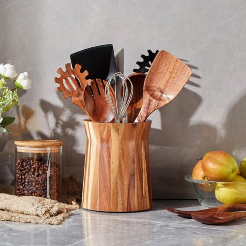 LOHONER Wooden Utensil Holder for Countertop, 360° Rotating Kitchen Utensil Holder, 7.2"x 6" Large Acacia Cooking Utensil Holder for Kitchen Counter, Farmhouse Kitchen Decor