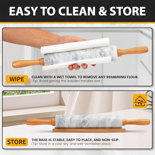 Kafoor 16.7 Inches Marble Rolling Pin for Baking with Wooden Handles & Wooden Cradle - Rolling Pin for making Pizza Dough & Tortillas, Dough Roller for Pasta, Cookie, Pie Crust and More!