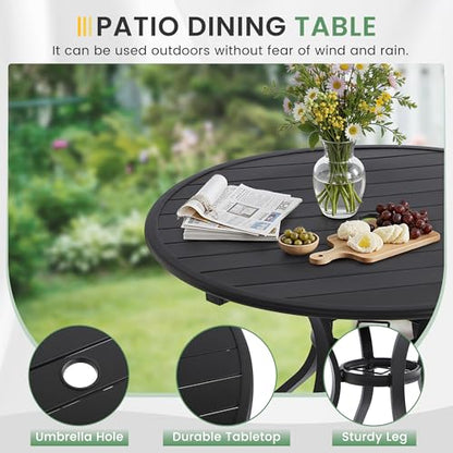 LVUYOYO 5-Piece Outdoor Patio Dining Set, Textilene Swivel Chairs & Round Table Set, All-Weather Table and Chairs Set with Umbrella Hole for Backyard, Garden,Balcony,Porch (Brown)
