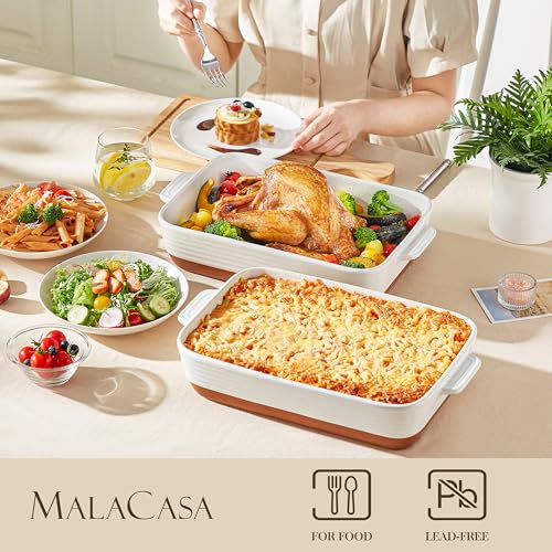 MALACASA Baking Dish 4.8 Qt Ceramic Casserole & Lasagna Pan, 9x13 Inch Deep Rectangular Oven Safe Dish with Handles for Baking, Roasting, Serving (Khaki & White) - Series Tara
