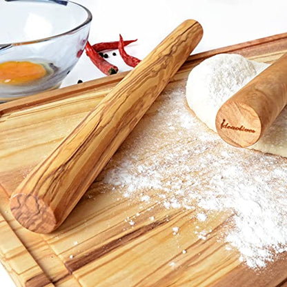 Ideaolives Olive Wood Rolling Pin, Natural Wood Dough Roller, French Rolling Pins for Baking, Non-Toxic Thin Rolling Pin for Pizza Bread Fondant Pasta, Wooden Pizza Roller with No Dents or Gaps, 11.5"