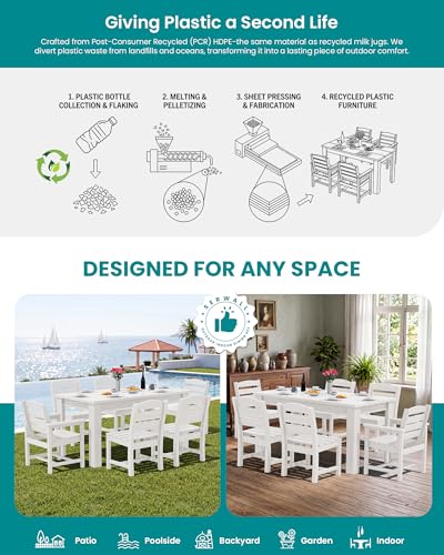 SERWALL 59" Patio Dining Set for 6, w/ 1 Table & 6 Chairs, White