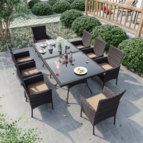 Gotland 10 Piece Outdoor Dining Set, All-Weather Rattan Patio Furniture Set with Umbrella Hole Tempered Glass Square Table, Outdoor Table and Chairs with Removable Cushions for Backyard, Deck Khaki