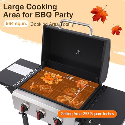 IdeaMaxx 3-Burner Propane Gas Grill with Cast Iron Grates, 38200 BTU output,Foldable Side Shelves for Portable Outdoor Patio Camping, Black (3 Burner)