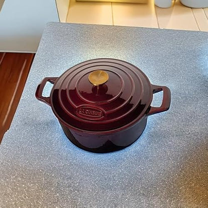 La Cuisine Enameled Cast Iron Dutch Oven Casserole Dish Pot with Lid, 5 QT 10.3“ /26cm Dia. Internal Matt Black Enamel Coating Gold-Plated SS Lid Handle Oven Safe up to 500° F, Cranberry
