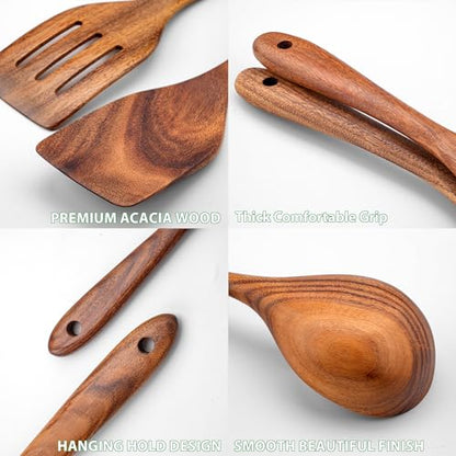 Wooden Spoons for Cooking, Acacia Wood Cooking Utensils Set – 11 Piece Wooden Kitchen Tools with Holder, Spoon Rest, Nonstick Cookware Safe by HOWHONG