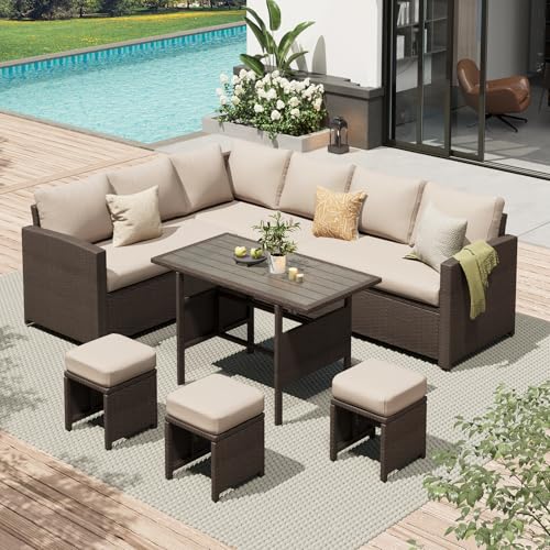 AECOJOY Outdoor Patio Furniture Set with Waterproof Cover, 7 Pieces Clearance Sectional Rattan Dining Table&Chairs, All Weather Wicker Conversation Sofa Couch, Khaki Cushions&Brown Rattan