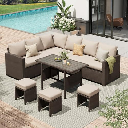 AECOJOY Outdoor Patio Furniture Set with Waterproof Cover, 7 Pieces Clearance Sectional Rattan Dining Table&Chairs, All Weather Wicker Conversation Sofa Couch, Khaki Cushions&Brown Rattan