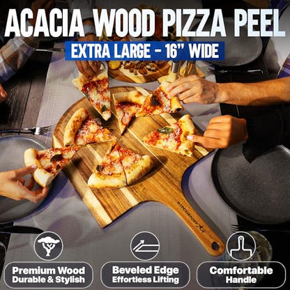 KitchenStar 16-inch Pizza Making Set, 6 PCS - Pizza Stone + Stainless Steel Rack, Acacia Wood Pizza Peel, Pizza Cutter Rocker + Protective Cover, Metal Brush - Oven & Grill Accessories Kit