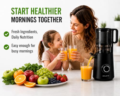 Zulay Kitchen Juicer Machine with 5" Wide Feed Chute, Cold Press Slow Masticating Juicer for Whole Fruits & Vegetables, Easy to Clean Stainless Steel Blades, High Juice Yield - Black