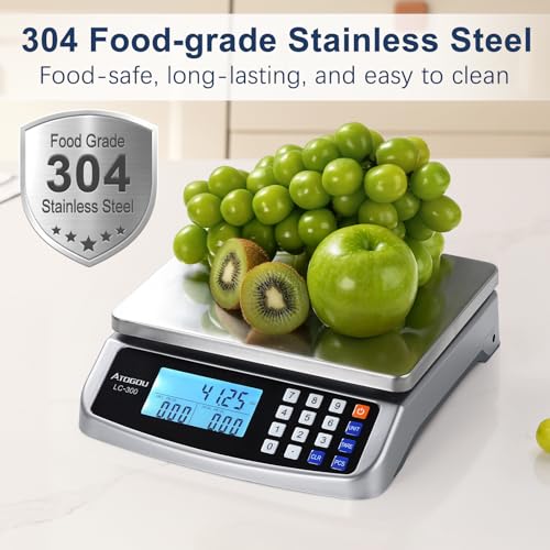 Atogou 110lb Food Scale, Commercial Kitchen Scale with Price Computing, Plug-in Usable, 0.05oz/1g, 304 Stainless Steel, for Cooking, Vegetables, Farm, Industry, Counting. LC300 Silver