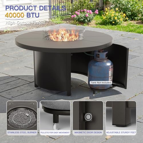 Kurapika 7 Piece Metal Outdoor Patio Furniture Set with Round Fire Pit Table, Patio Conversation Sets 6 Swivel Chairs with Thick Cushion and 40000 BTU Fire Pit Table for Deck, Navy Blue
