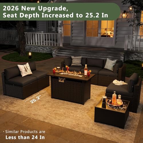 Aoxun 8 Piece Patio Furniture Set with 44” Fire Pit Table, Wicker Rattan Patio Sectional Sofa, Outdoor Furniture Set with Thickened Cushion, Black