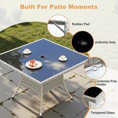 Muphyers 15-Piece Patio Dining Set, Patio Furniture Set with Square Tempered Glass Table & 12 Wicker Chairs, Expandable Design for Larger Groups, Outdoor Furniture for Backyard, Deck, Garden, Grey